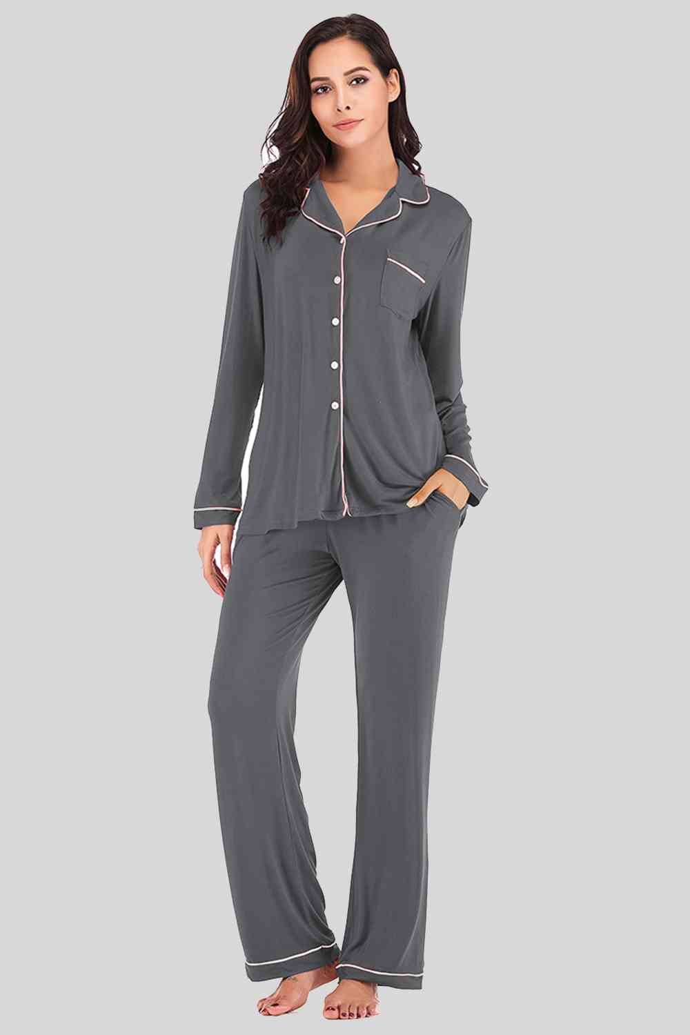 Collared Neck Long Sleeve Loungewear Set with Pockets - Loungewear Set - Charcoal - Bella Bourget