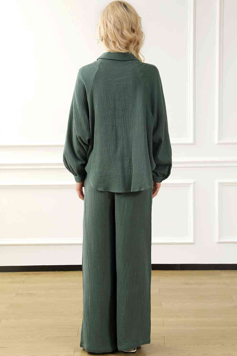 Collared Neck Top and Drawstring Pants Set - Loungewear Set - Matcha Green - Bella Bourget