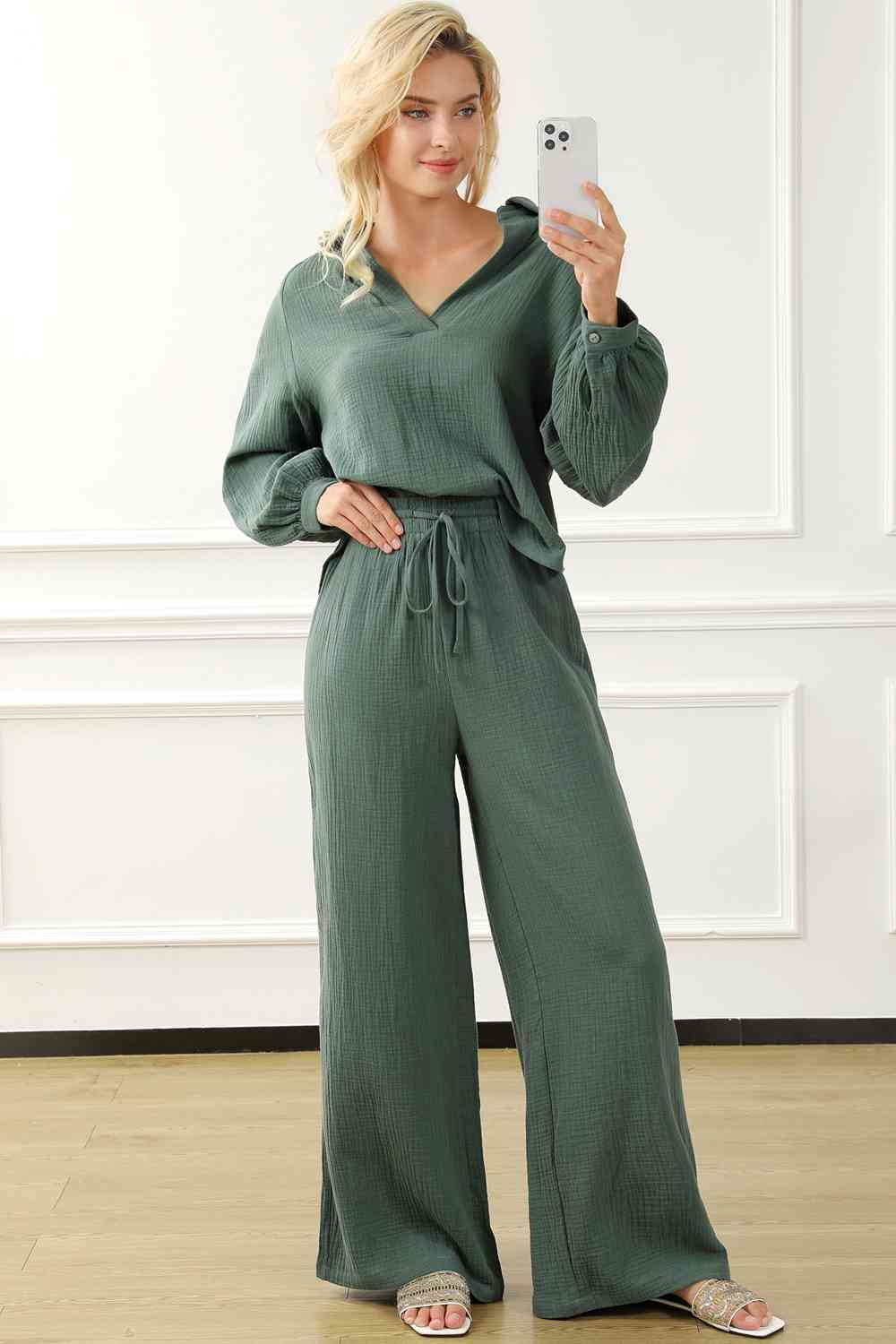 Collared Neck Top and Drawstring Pants Set - Loungewear Set - Matcha Green - Bella Bourget