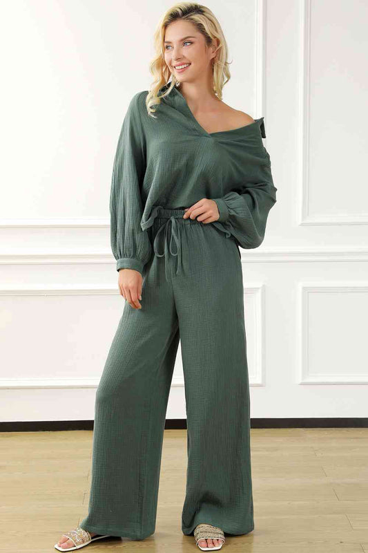 Collared Neck Top and Drawstring Pants Set - Loungewear Set - Matcha Green - Bella Bourget