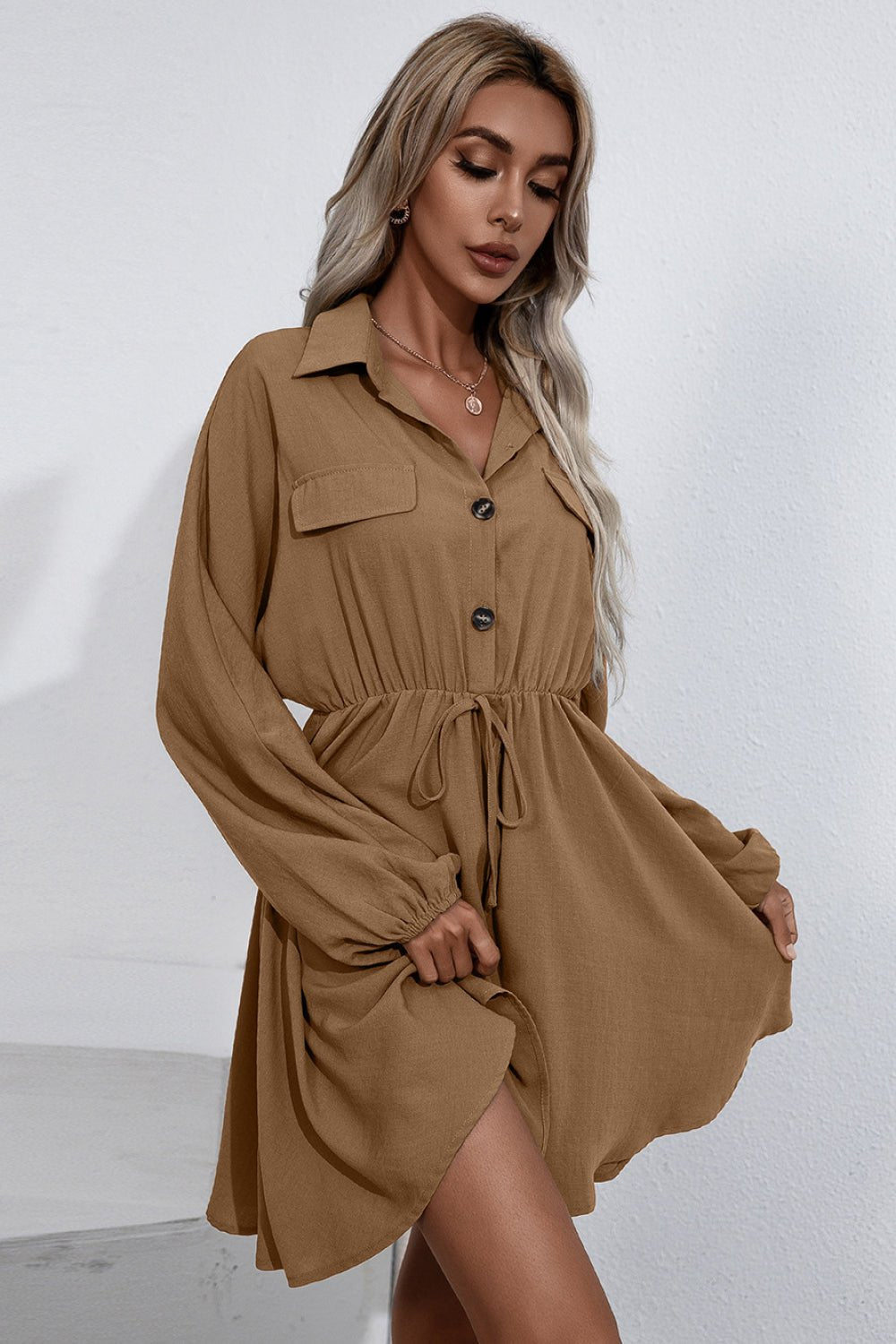 Collared Tie Waist Button Up Shirt Dress - Dress - Rust - Bella Bourget