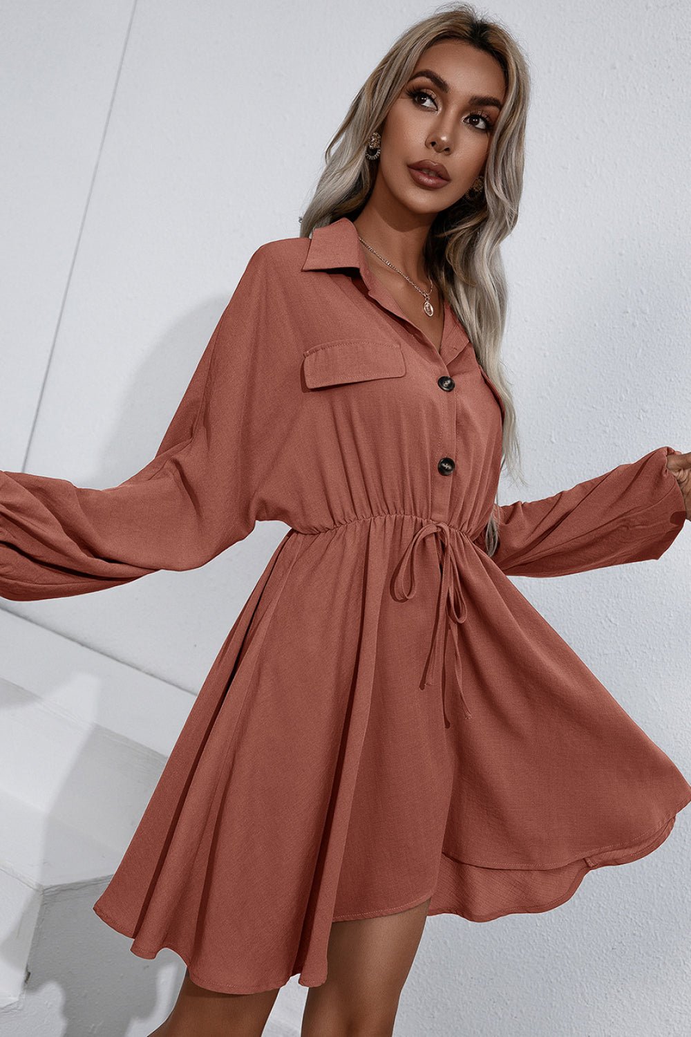 Collared Tie Waist Button Up Shirt Dress - Dress - Rust - Bella Bourget