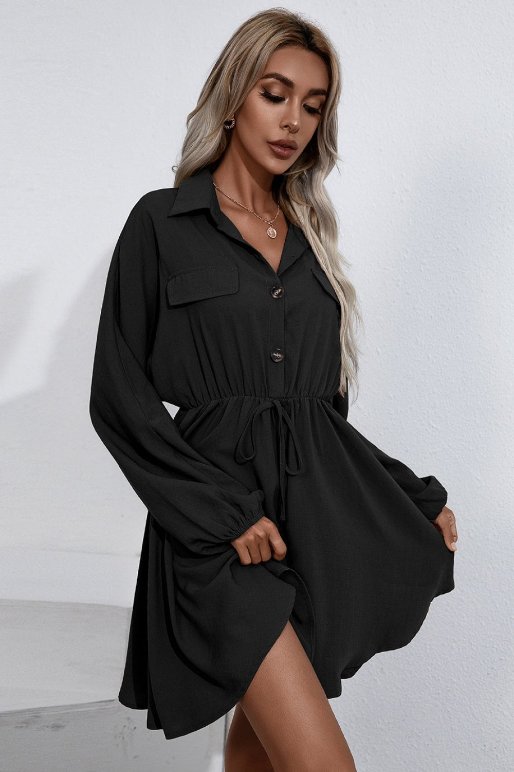 Collared Tie Waist Button Up Shirt Dress - Dress - Black - Bella Bourget