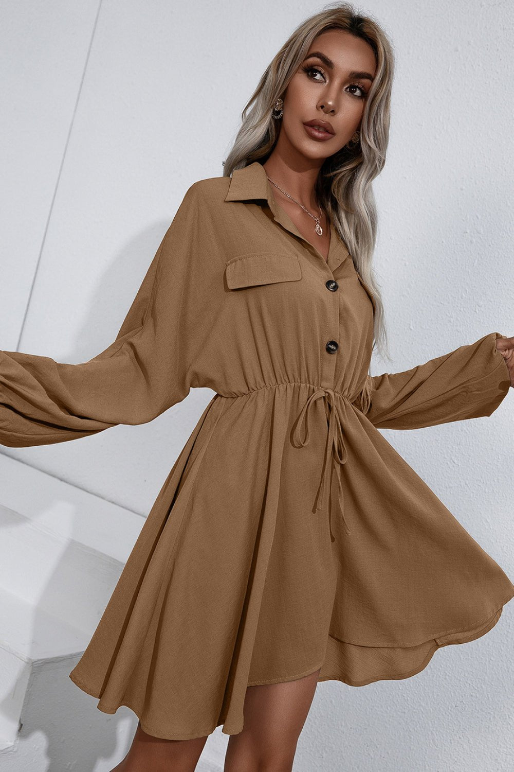 Collared Tie Waist Button Up Shirt Dress - Dress - Rust - Bella Bourget