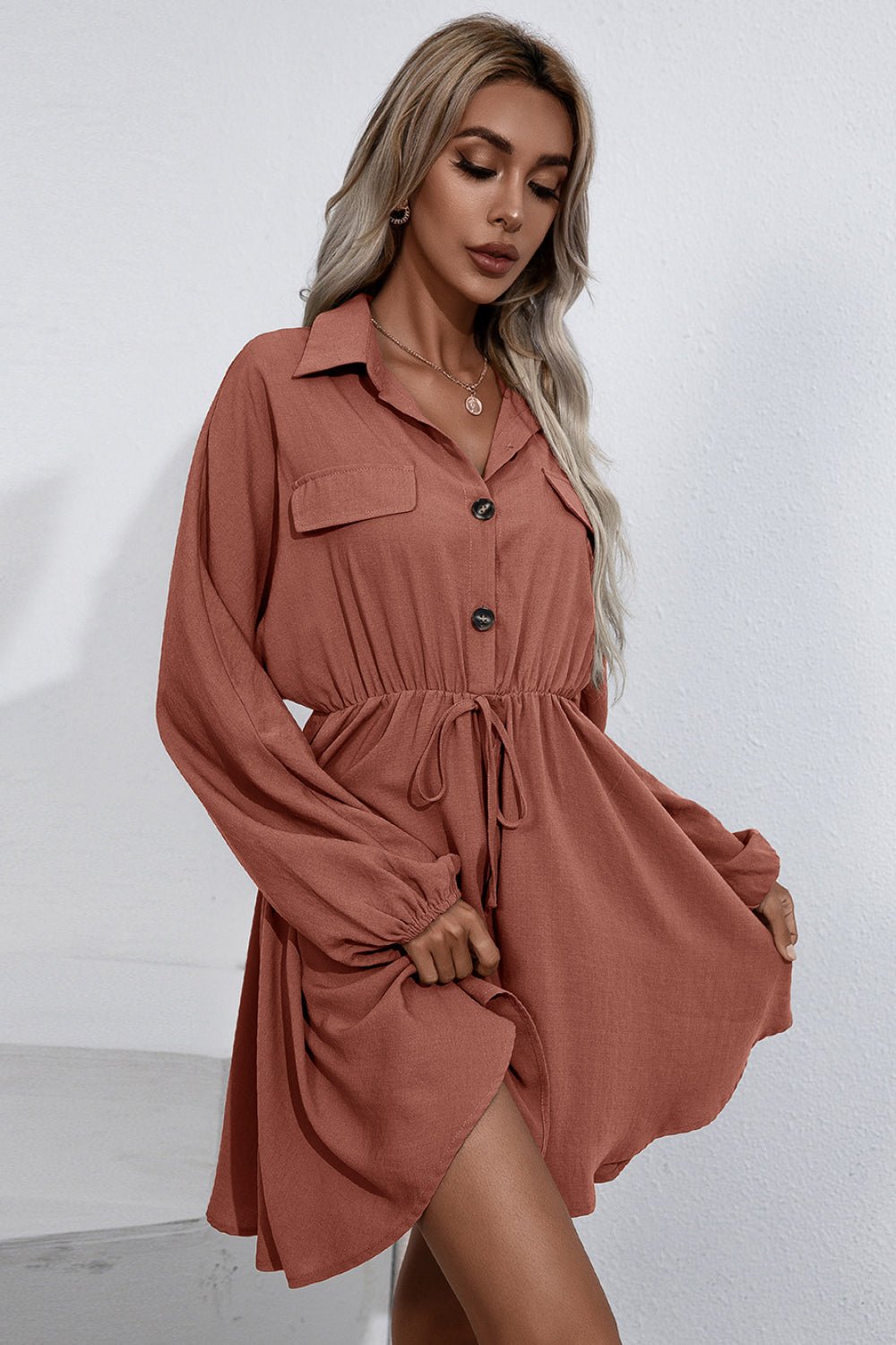 Collared Tie Waist Button Up Shirt Dress - Dress - Rust - Bella Bourget