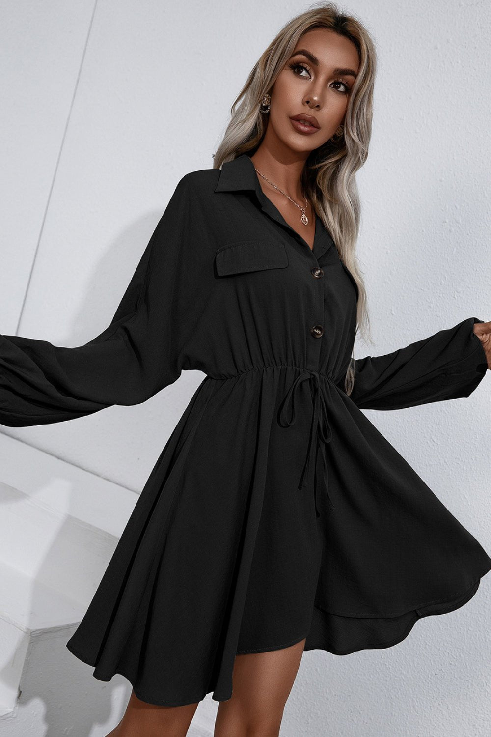 Collared Tie Waist Button Up Shirt Dress - Dress - Black - Bella Bourget