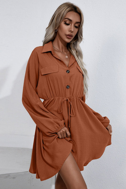 Collared Tie Waist Button Up Shirt Dress - Dress - Khaki - Bella Bourget