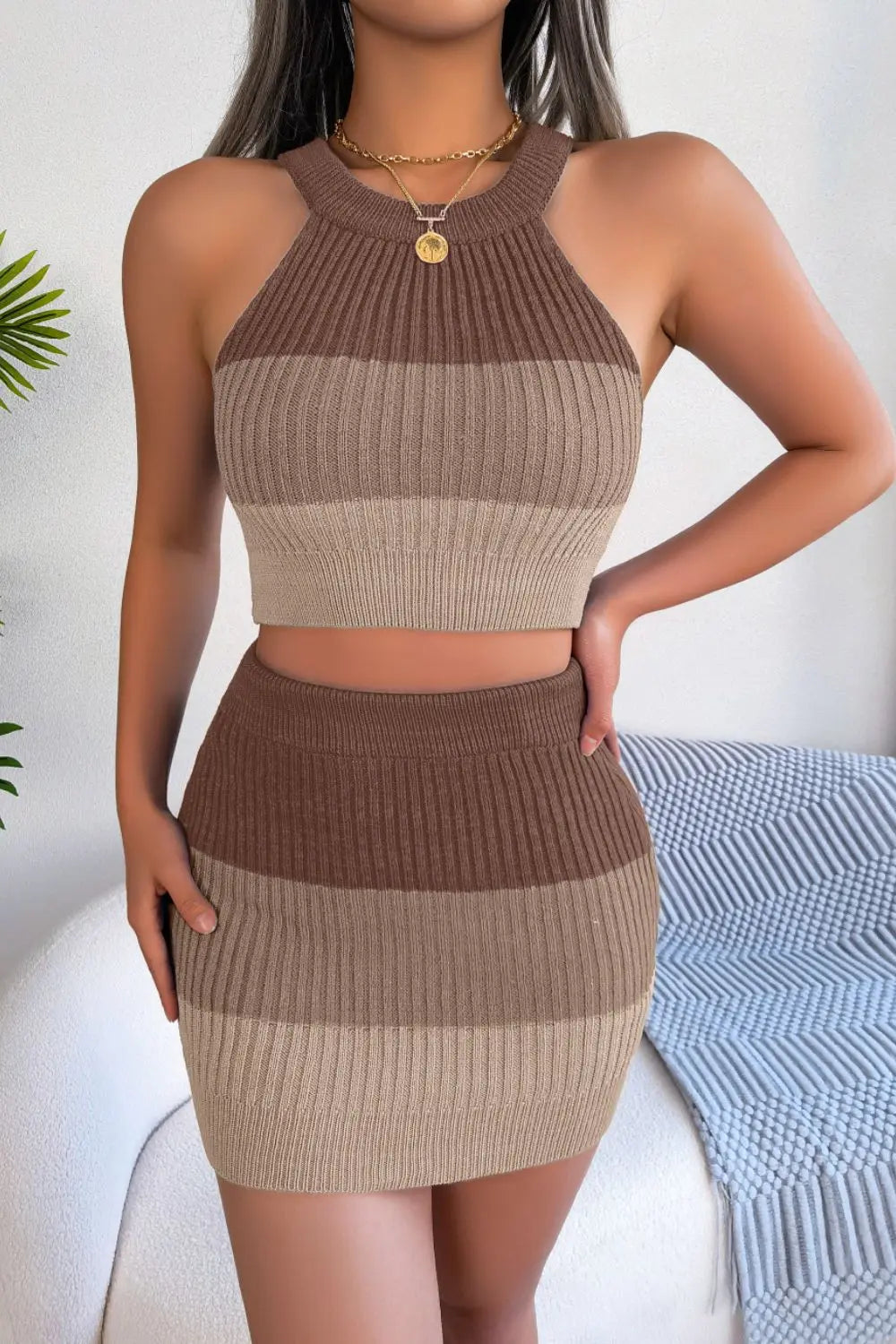 Color Block Sleeveless Crop Knit Top and Skirt Set - Sweater Set - Camel - Bella Bourget