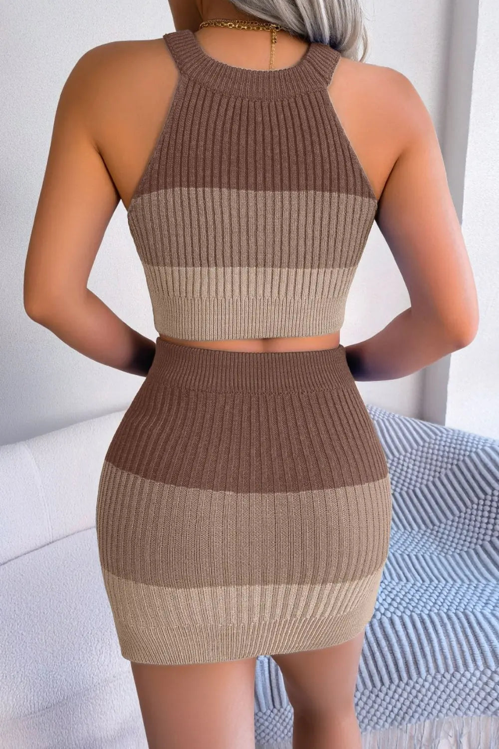 Color Block Sleeveless Crop Knit Top and Skirt Set - Sweater Set - Camel - Bella Bourget