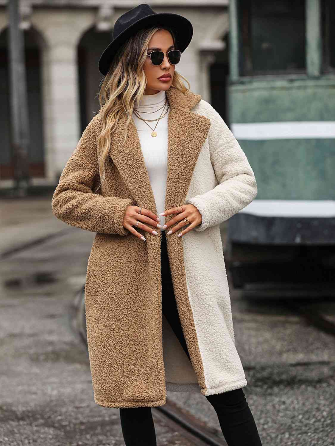 Contrast Dropped Shoulder Sherpa Coat - Coat - Camel - Bella Bourget