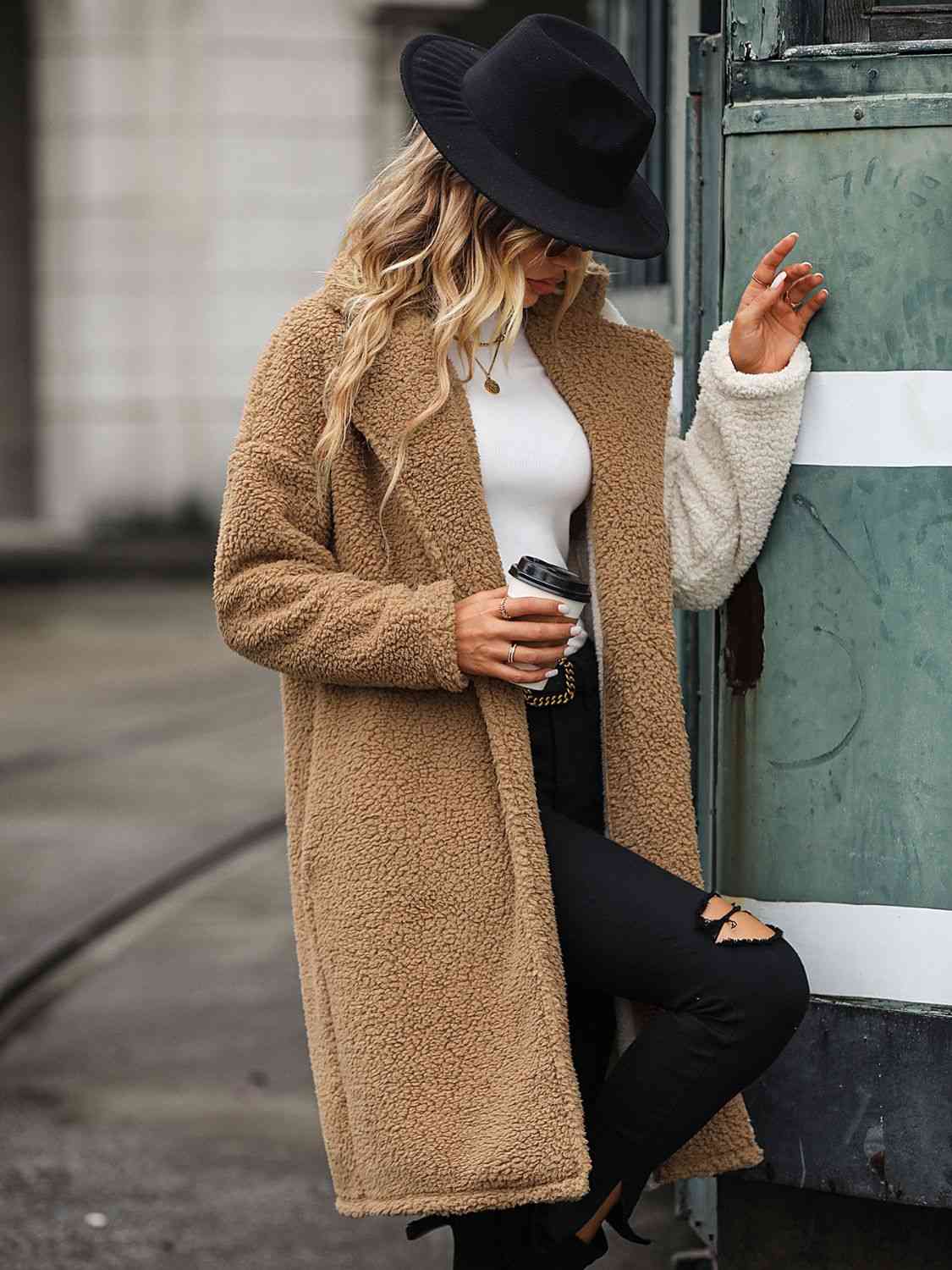 Contrast Dropped Shoulder Sherpa Coat - Coat - Camel - Bella Bourget