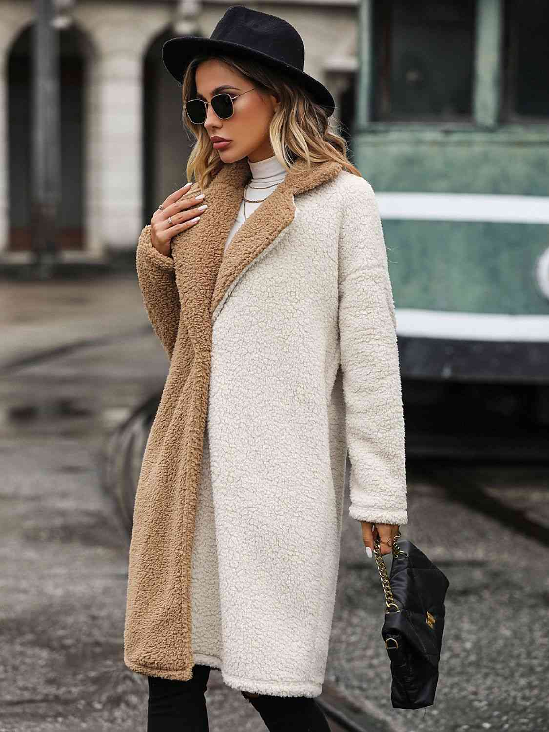 Contrast Dropped Shoulder Sherpa Coat - Coat - Camel - Bella Bourget