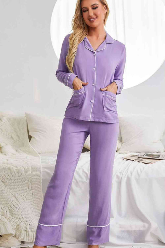 Contrast Lapel Collar Shirt and Pants Pajama Set with Pockets - Loungewear - Purple - Bella Bourget