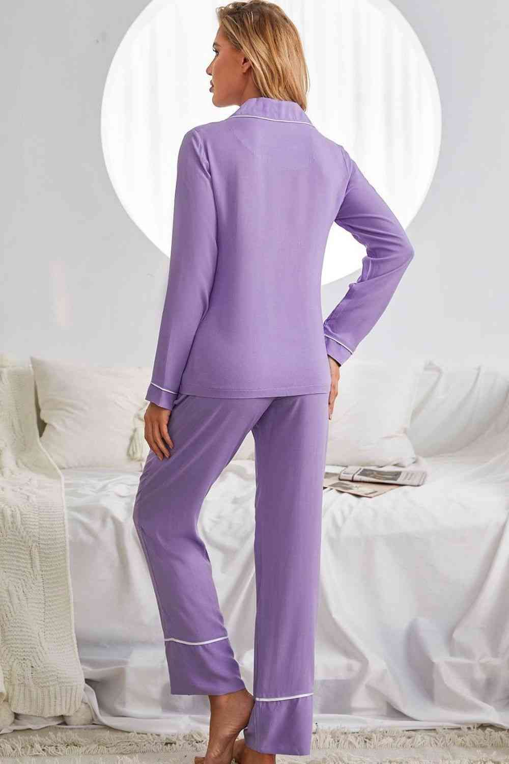 Contrast Lapel Collar Shirt and Pants Pajama Set with Pockets - Loungewear - Purple - Bella Bourget