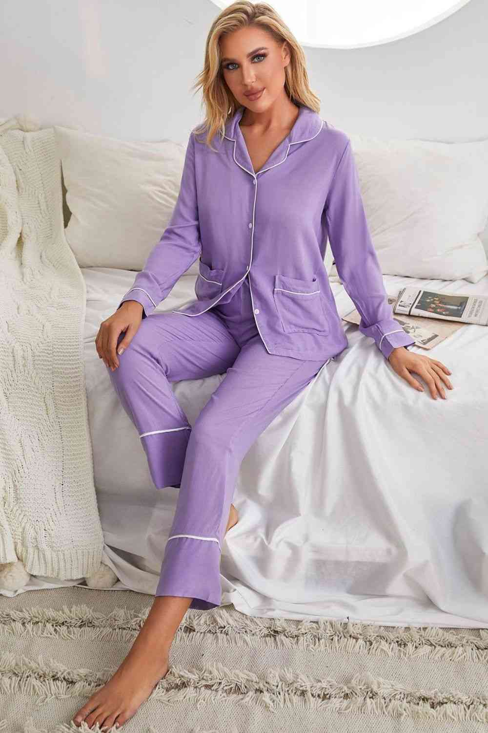 Contrast Lapel Collar Shirt and Pants Pajama Set with Pockets - Loungewear - Purple - Bella Bourget