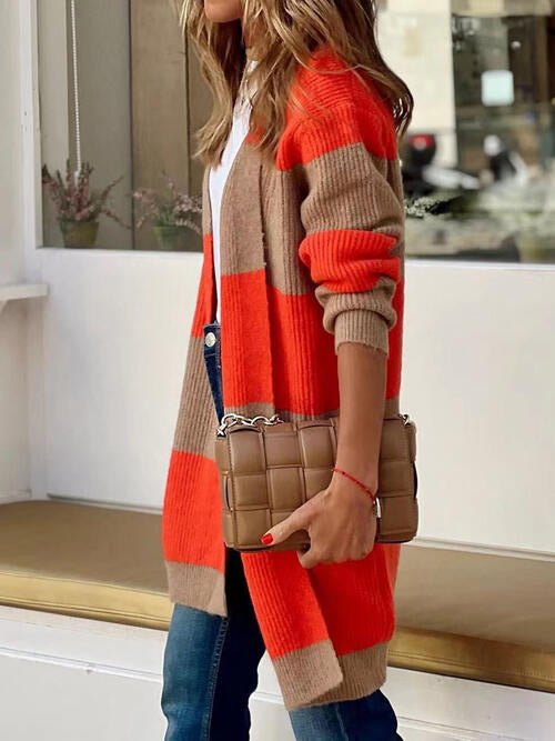 Contrast Open Front Long Sleeve Cardigan - Cardigan - Red Orange - Bella Bourget