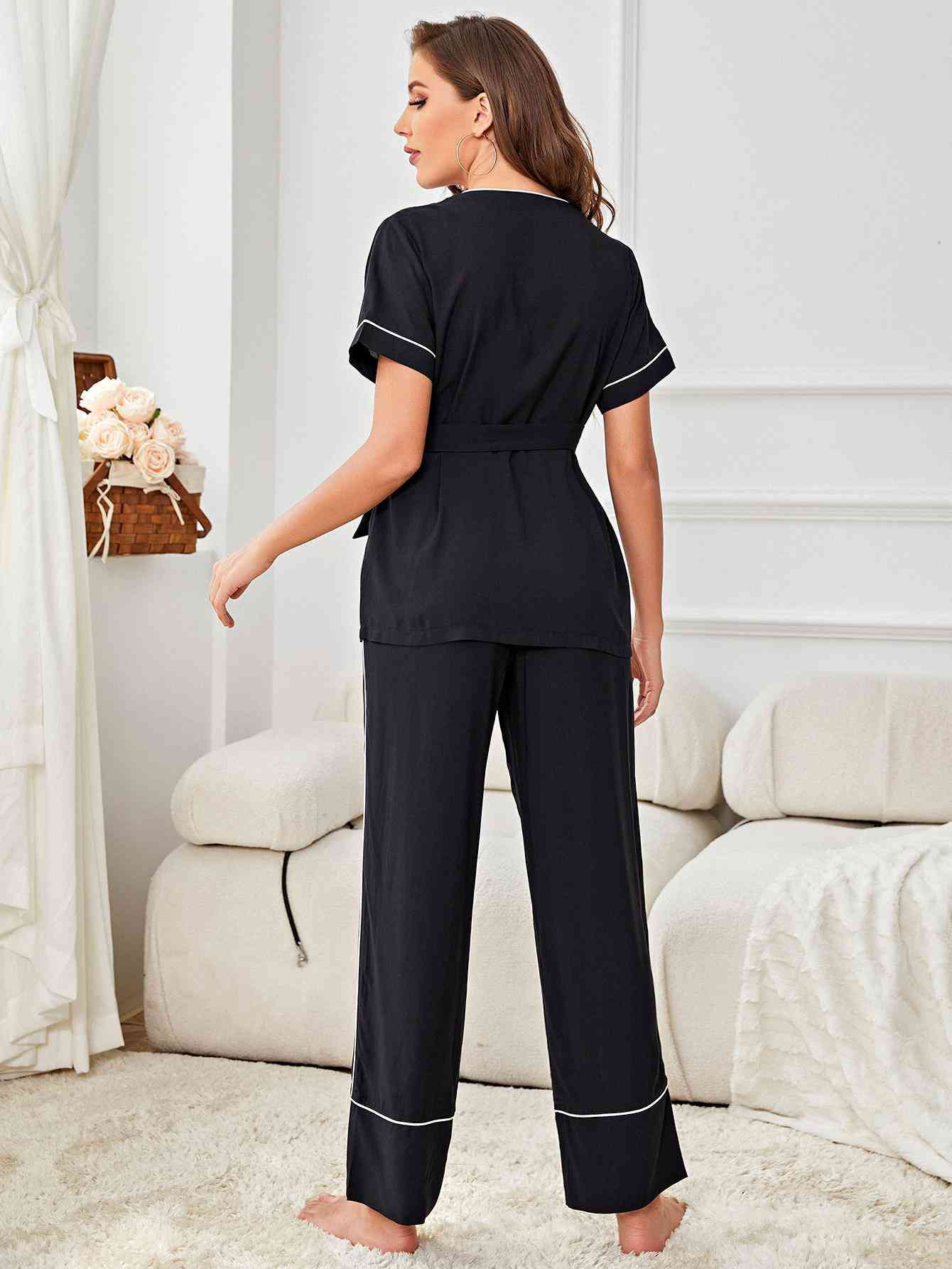 Contrast Piping Belted Top and Pants Pajama Set - Loungewear - Black - Bella Bourget