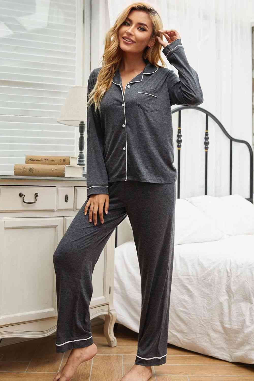 Contrast Piping Button Down Top and Pants Loungewear Set - Loungewear - Gray - Bella Bourget