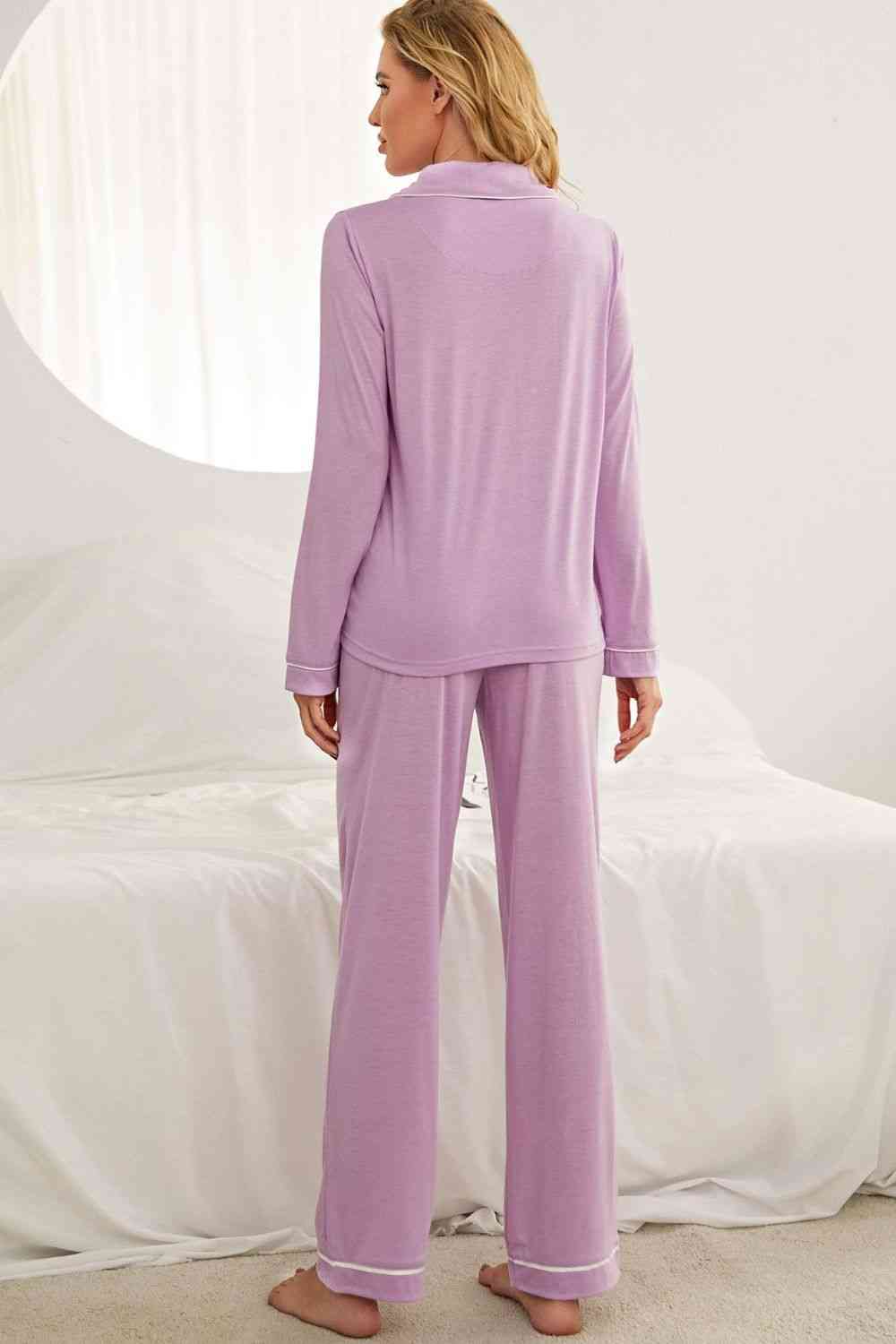 Contrast Piping Button Down Top and Pants Loungewear Set - Loungewear - Purple - Bella Bourget