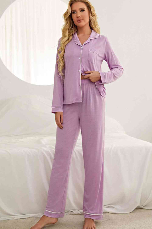 Contrast Piping Button Down Top and Pants Loungewear Set - Loungewear - Purple - Bella Bourget