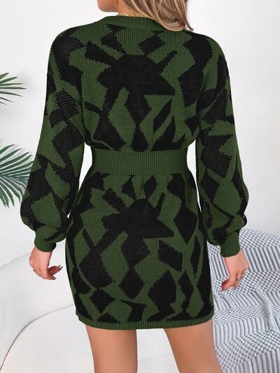 Contrast Round Neck Cutout Long Sleeve Mini Sweater Dress - Sweater Dress - Army Green - Bella Bourget