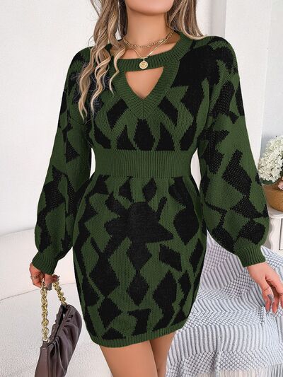 Contrast Round Neck Cutout Long Sleeve Mini Sweater Dress - Sweater Dress - Army Green - Bella Bourget