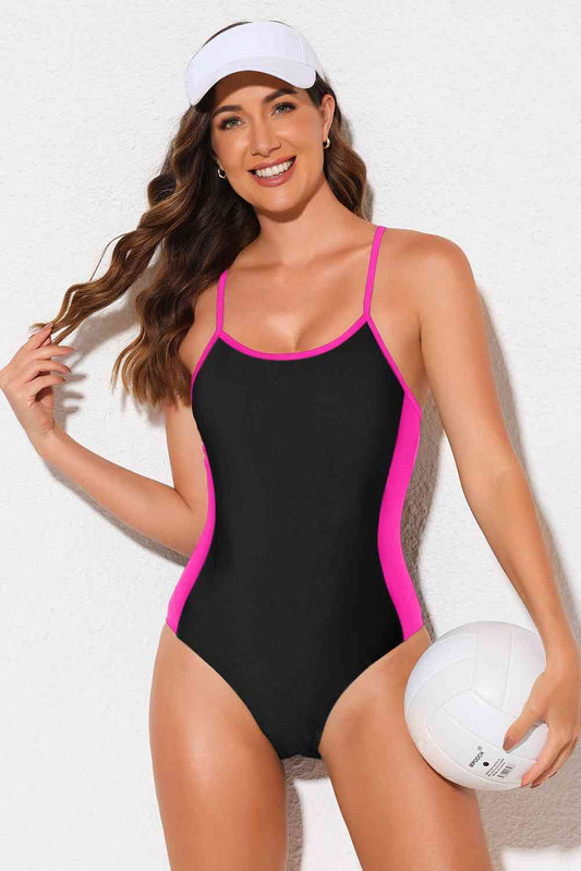 Contrast Spaghetti Strap One - Piece Swimsuit - One - Piece Swimsuit - Hot Pink - Bella Bourget