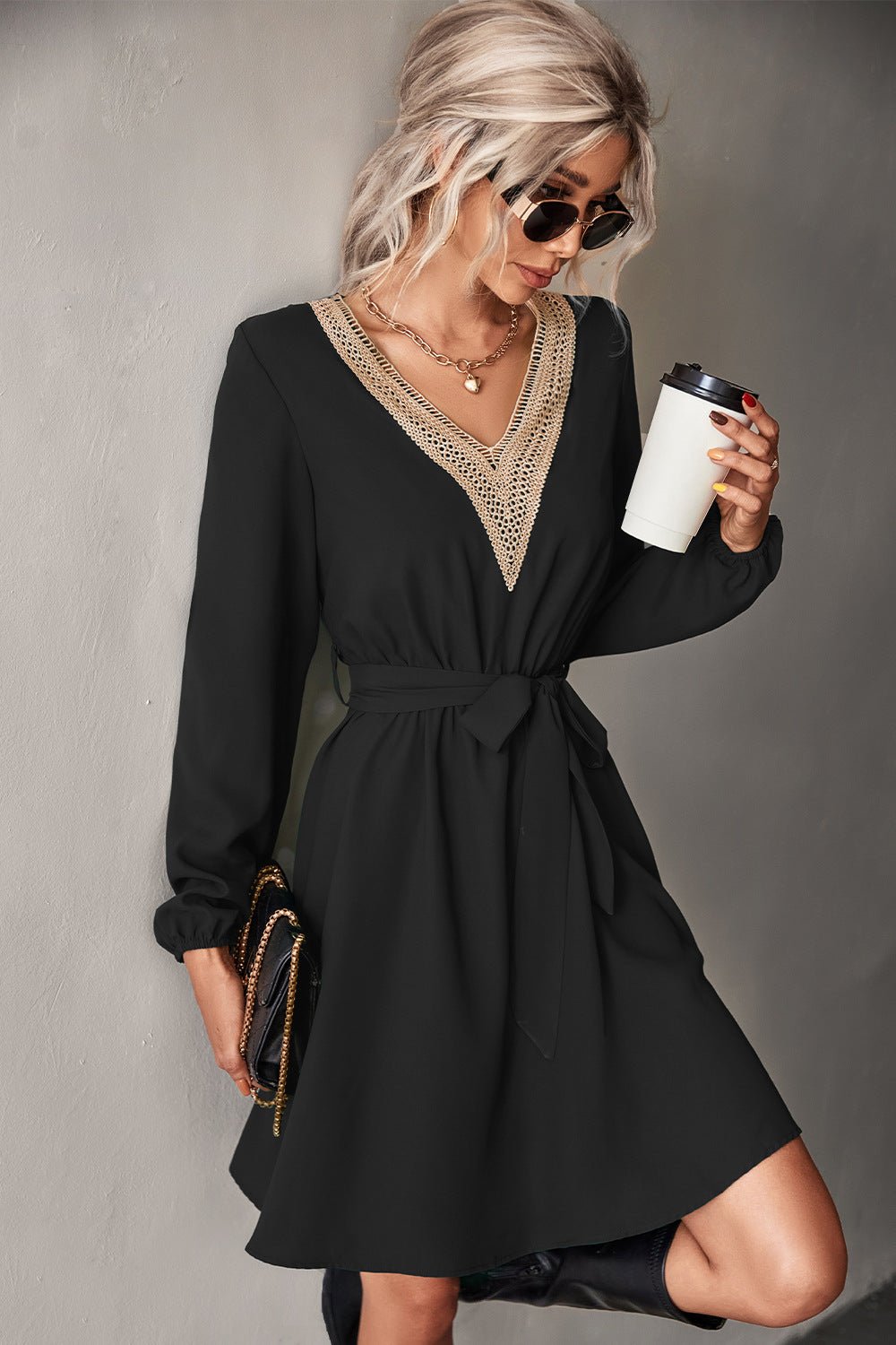 Contrast V - Neck Belted Dress - Dress - Black - Bella Bourget