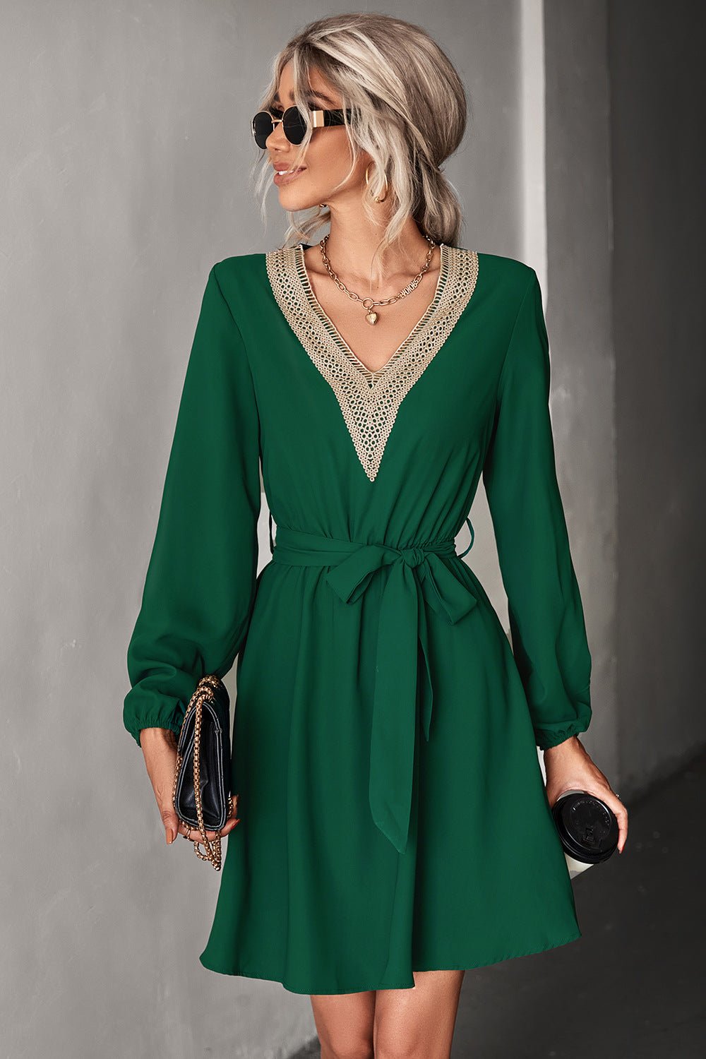 Contrast V - Neck Belted Dress - Dress - Forest - Bella Bourget