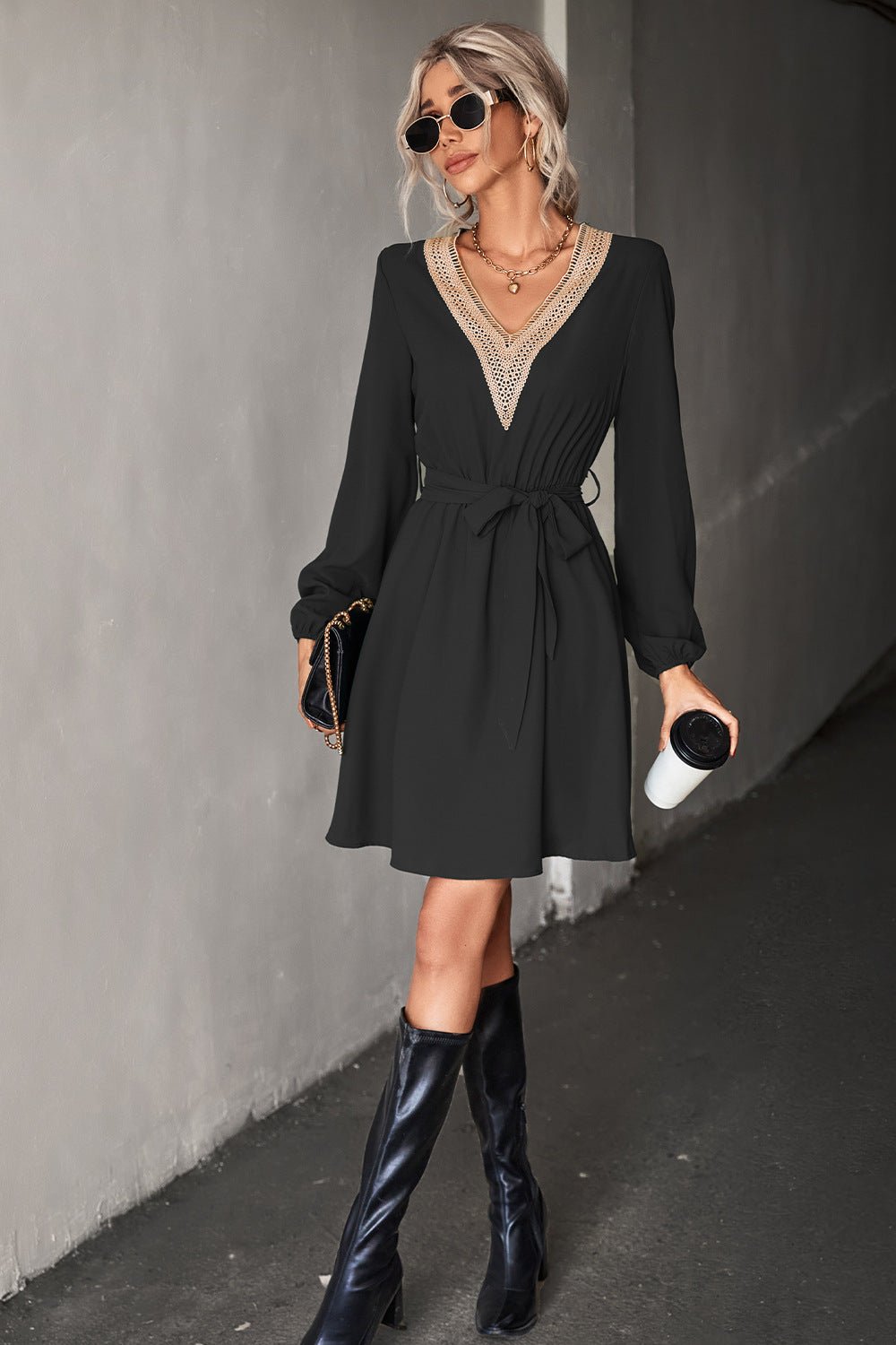 Contrast V - Neck Belted Dress - Dress - Black - Bella Bourget