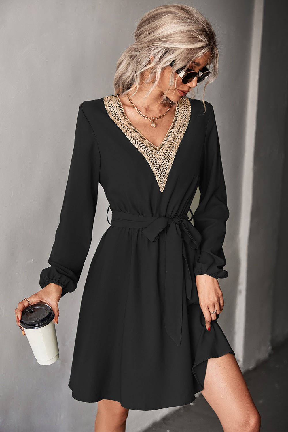 Contrast V - Neck Belted Dress - Dress - Black - Bella Bourget