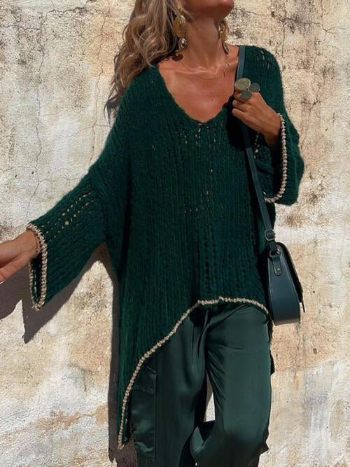 Contrast V - Neck Long Sleeve Sweater - Sweater - Green - Bella Bourget