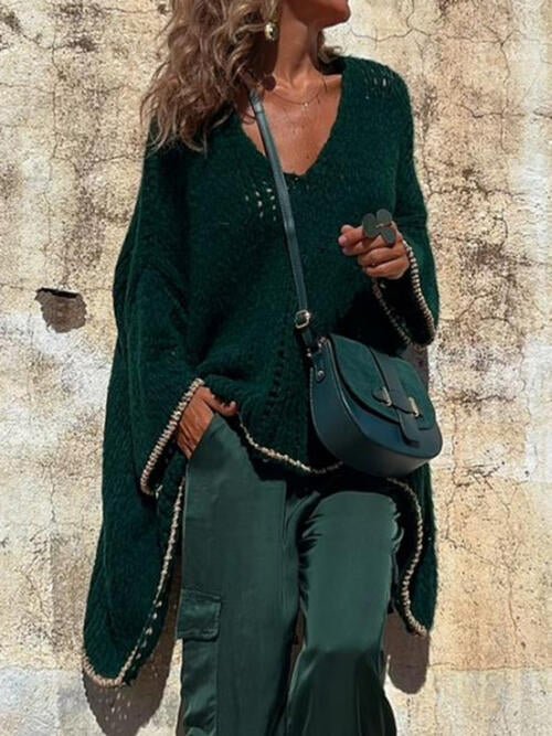 Contrast V - Neck Long Sleeve Sweater - Sweater - Green - Bella Bourget