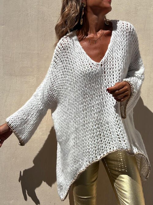 Contrast V - Neck Long Sleeve Sweater - Sweater - White - Bella Bourget