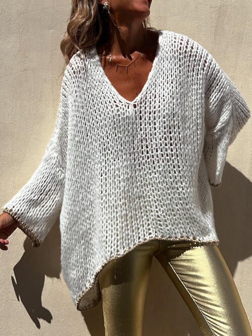 Contrast V - Neck Long Sleeve Sweater - Sweater - White - Bella Bourget