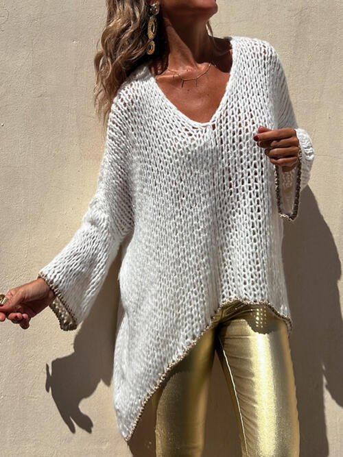 Contrast V - Neck Long Sleeve Sweater - Sweater - White - Bella Bourget