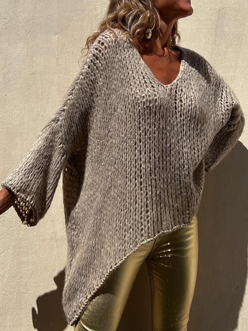 Contrast V - Neck Long Sleeve Sweater - Sweater - Camel - Bella Bourget