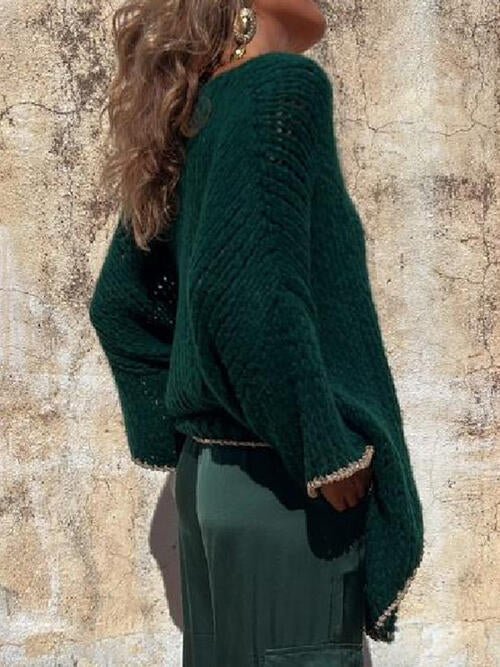 Contrast V - Neck Long Sleeve Sweater - Sweater - Green - Bella Bourget