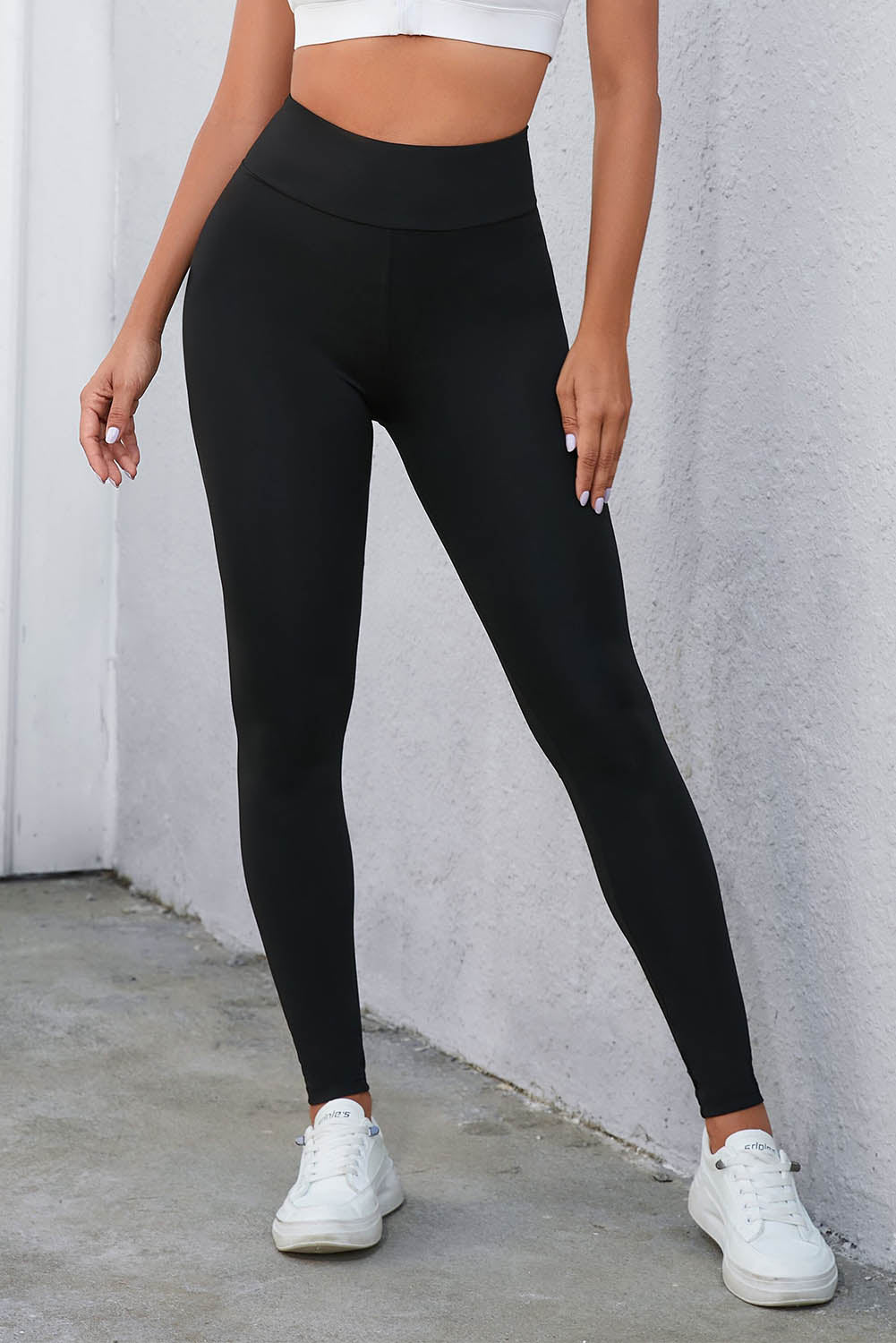 Crisscross Detail Wide Waistband Leggings in black or beige - Leggings - Black - Bella Bourget