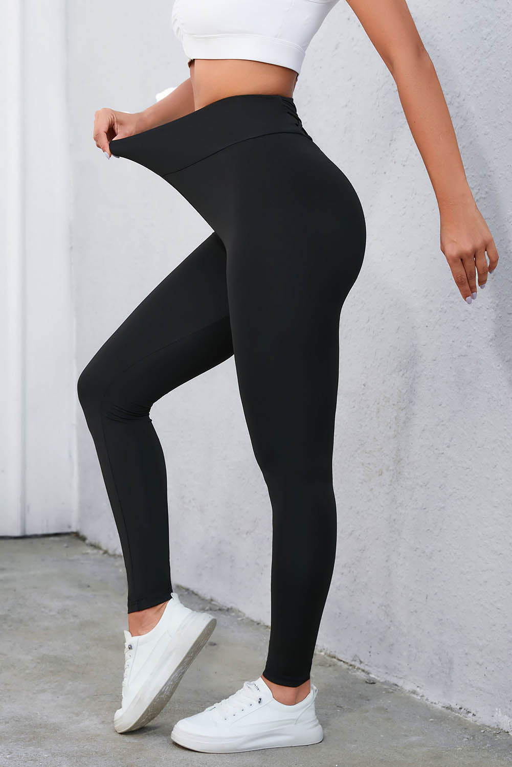 Crisscross Detail Wide Waistband Leggings in black or beige - Leggings - Black - Bella Bourget