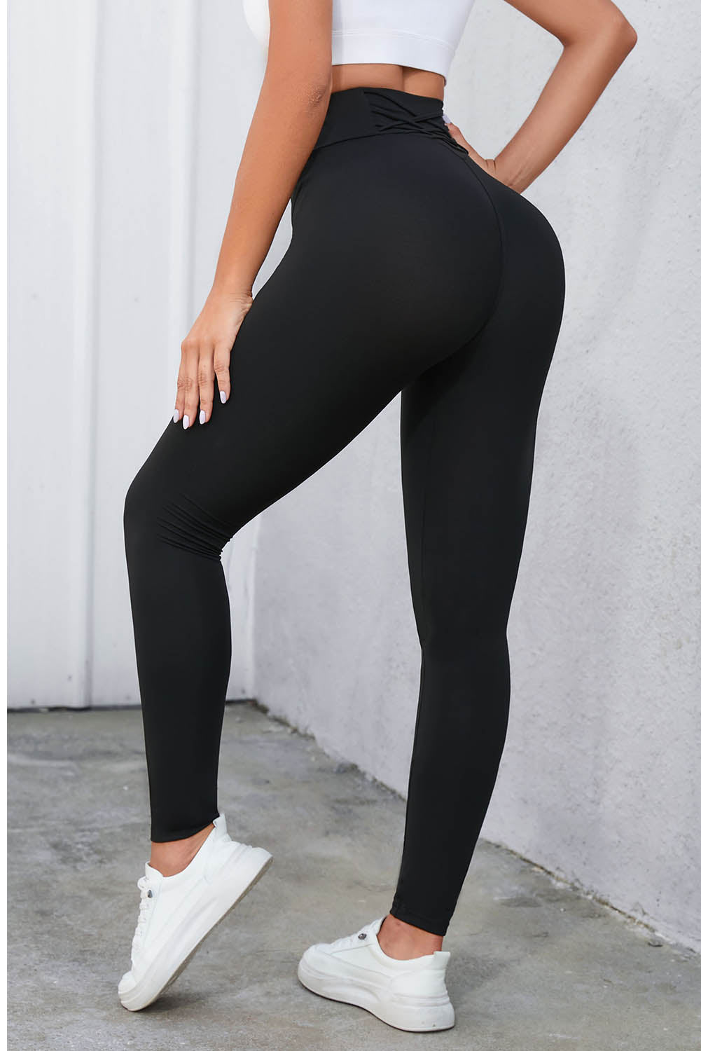 Crisscross Detail Wide Waistband Leggings in black or beige - Leggings - Black - Bella Bourget