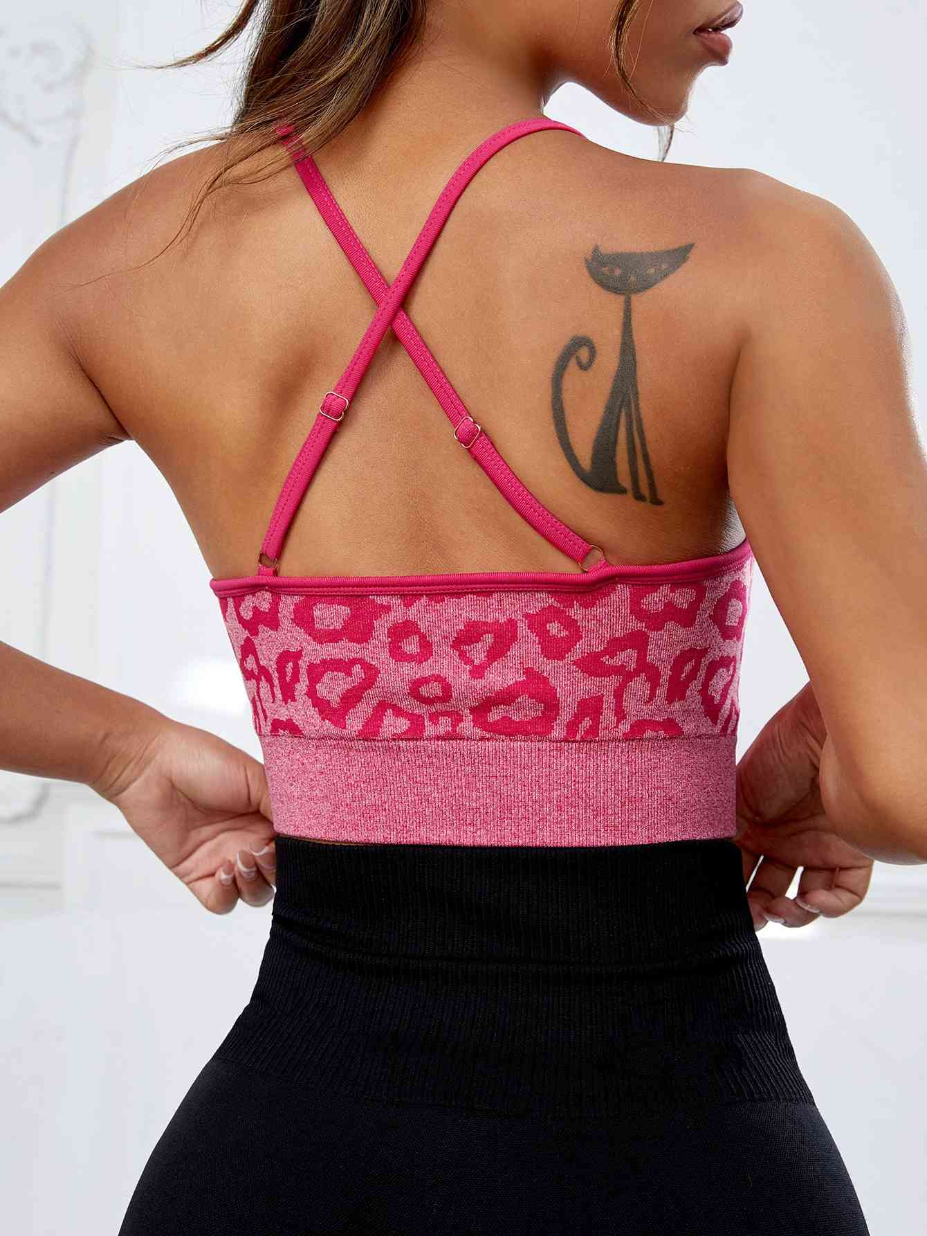 Crisscross Leopard Scoop Neck Active Bra - Active Tops - Deep Rose - Bella Bourget