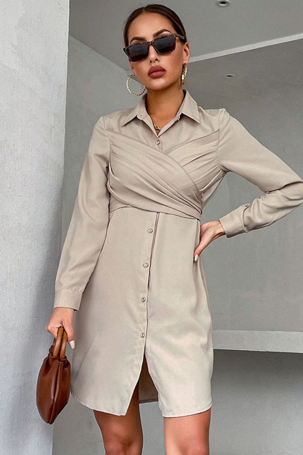 Crisscross Tie - Back Curved Hem Shirt Dress - Dress - Khaki - Bella Bourget