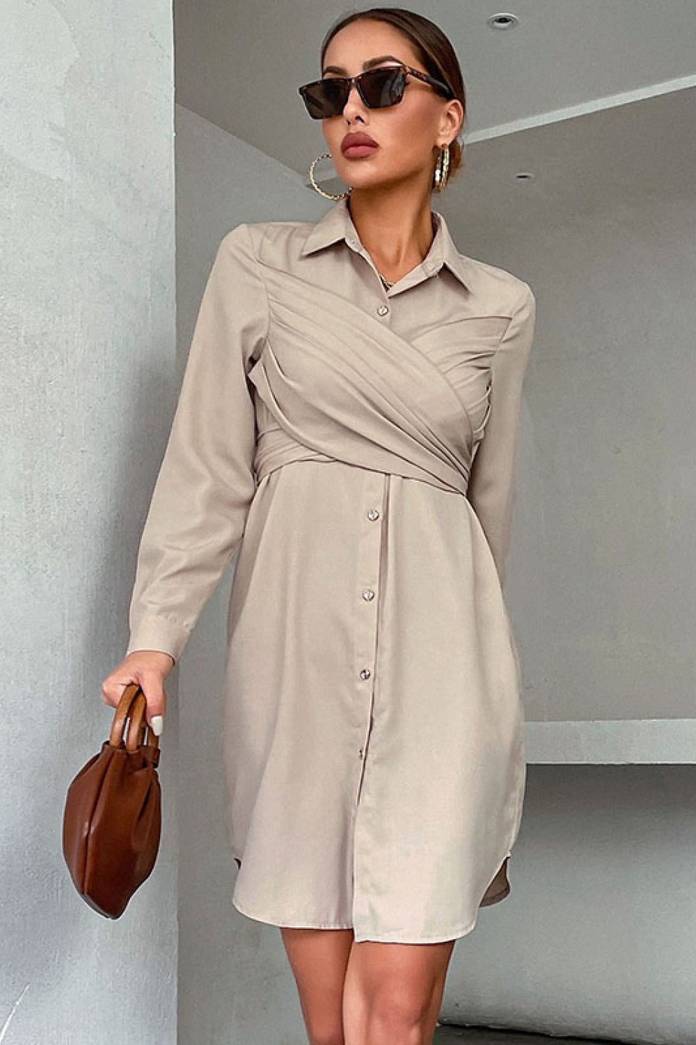 Crisscross Tie - Back Curved Hem Shirt Dress - Dress - Khaki - Bella Bourget