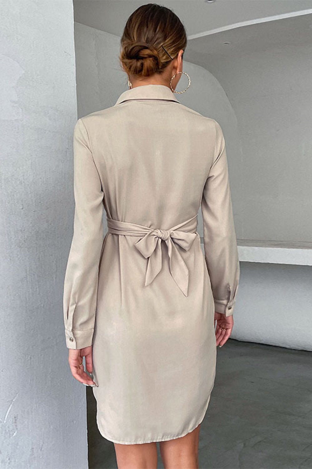 Crisscross Tie - Back Curved Hem Shirt Dress - Dress - Khaki - Bella Bourget