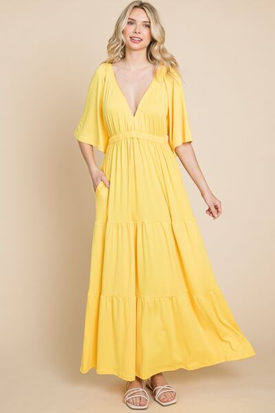 Culture Code Backless Plunge Half Sleeve Tiered Dress - Maxi Dress - LEMONADE - Bella Bourget