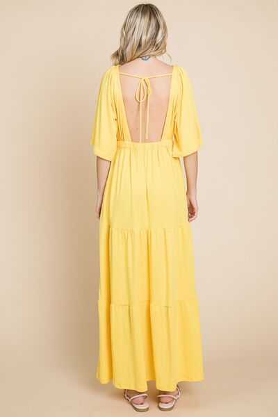 Culture Code Backless Plunge Half Sleeve Tiered Dress - Maxi Dress - LEMONADE - Bella Bourget