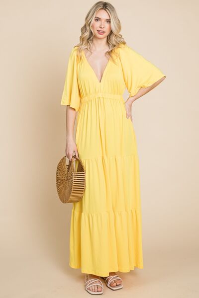 Culture Code Backless Plunge Half Sleeve Tiered Dress - Maxi Dress - LEMONADE - Bella Bourget