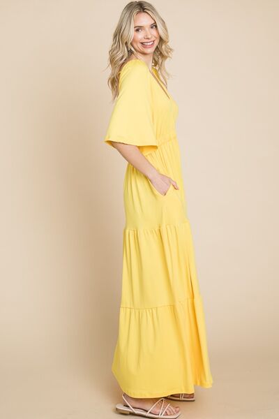 Culture Code Backless Plunge Half Sleeve Tiered Dress - Maxi Dress - LEMONADE - Bella Bourget