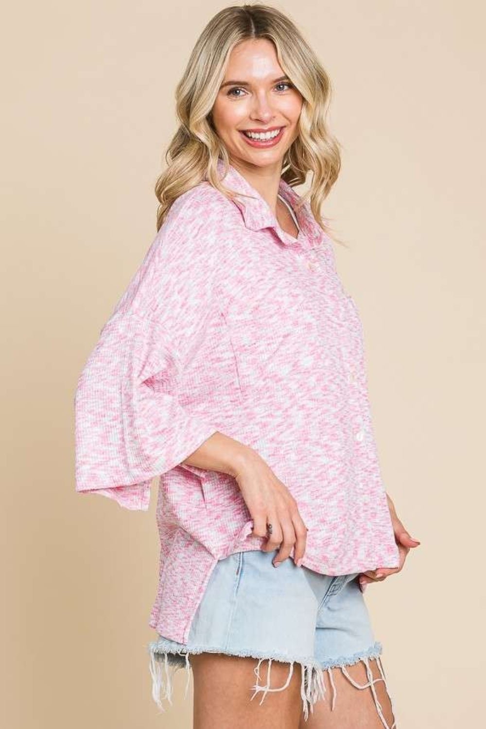 Culture Code Button Up Drop Shoulder Slit Shirt - Shirt - FLAMINGO PINK - Bella Bourget